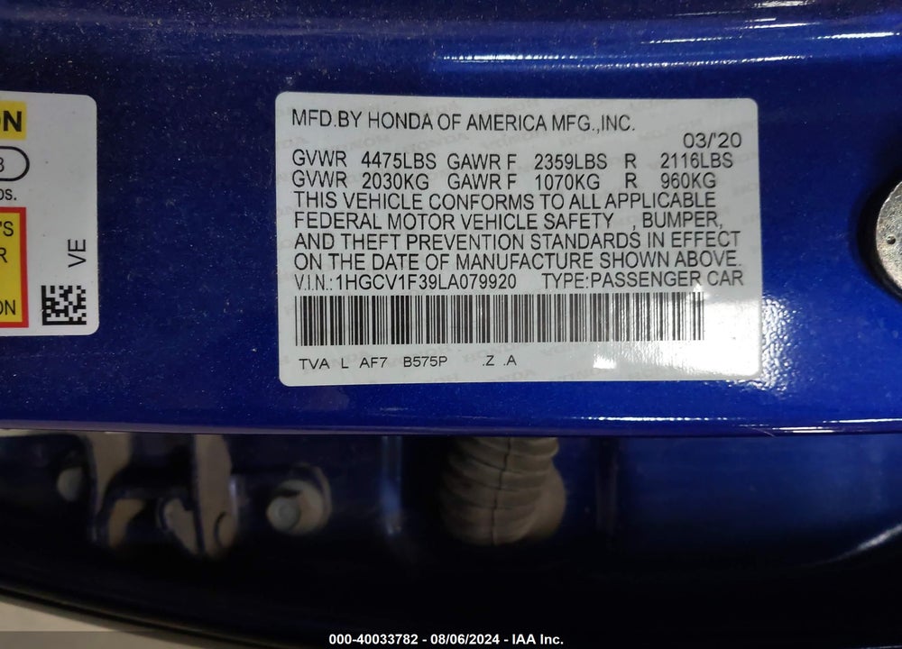 2020 HONDA ACCORD SPORT VIN: 1HGCV1F39LA079920