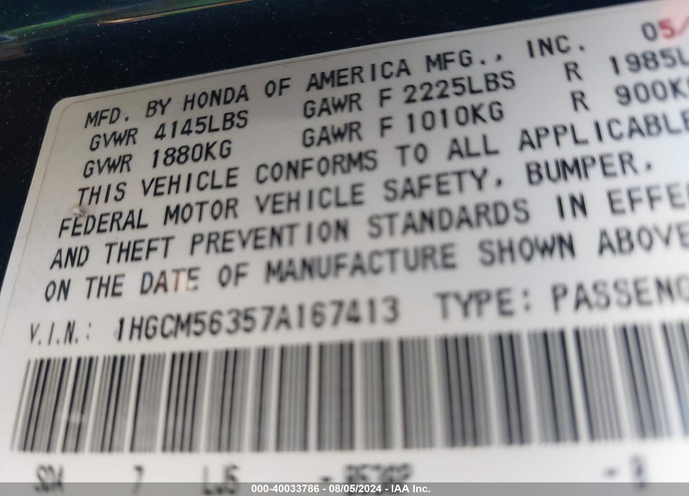 2007 HONDA ACCORD 2.4 SE VIN: 1HGCM56357A167413