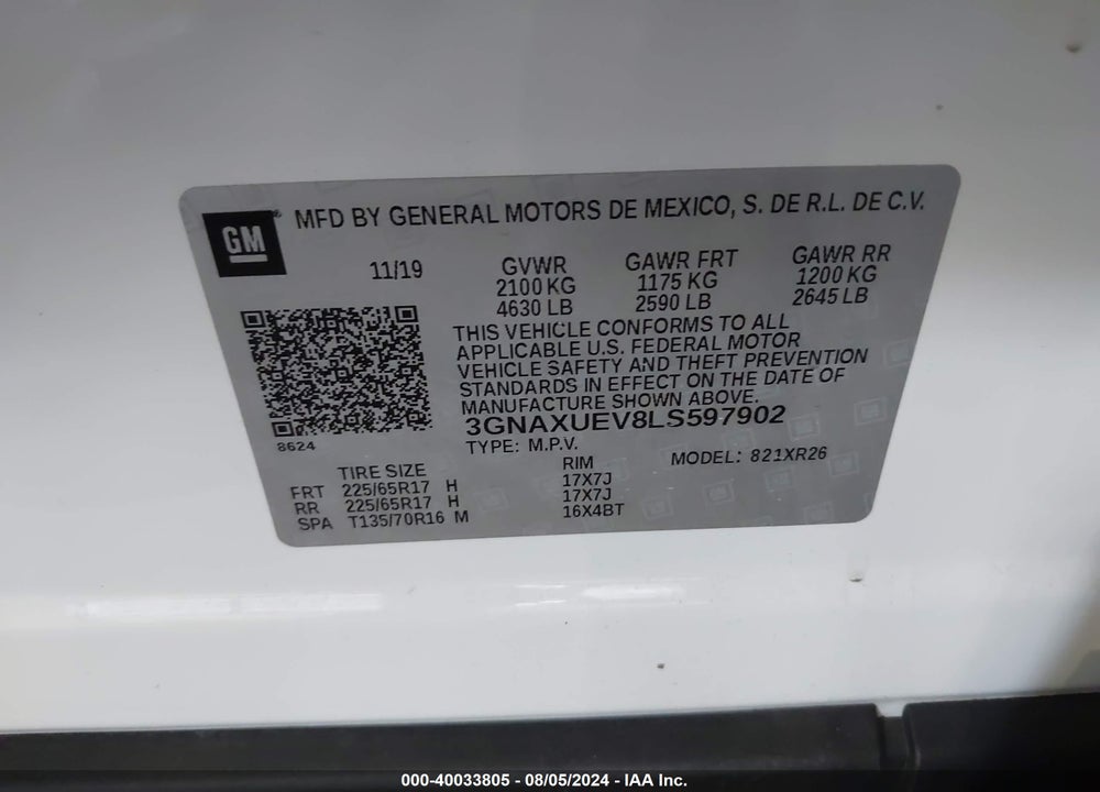 2020 CHEVROLET EQUINOX AWD LT 1.5L TURBO VIN: 3GNAXUEV8LS597902