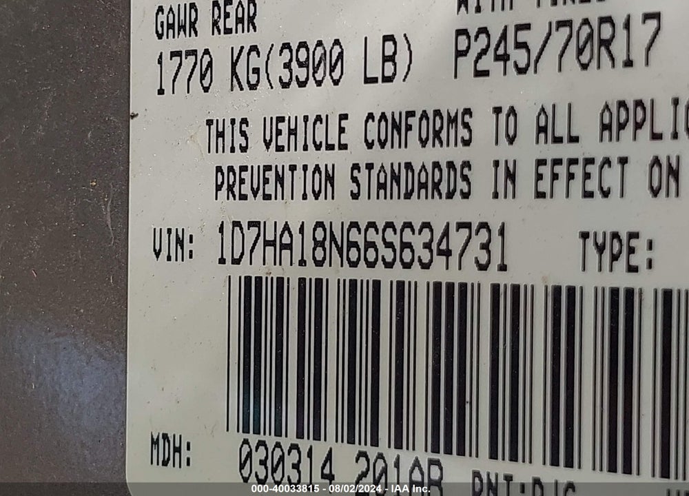 2006 DODGE RAM 1500 SLT VIN: 1D7HA18N66S634731