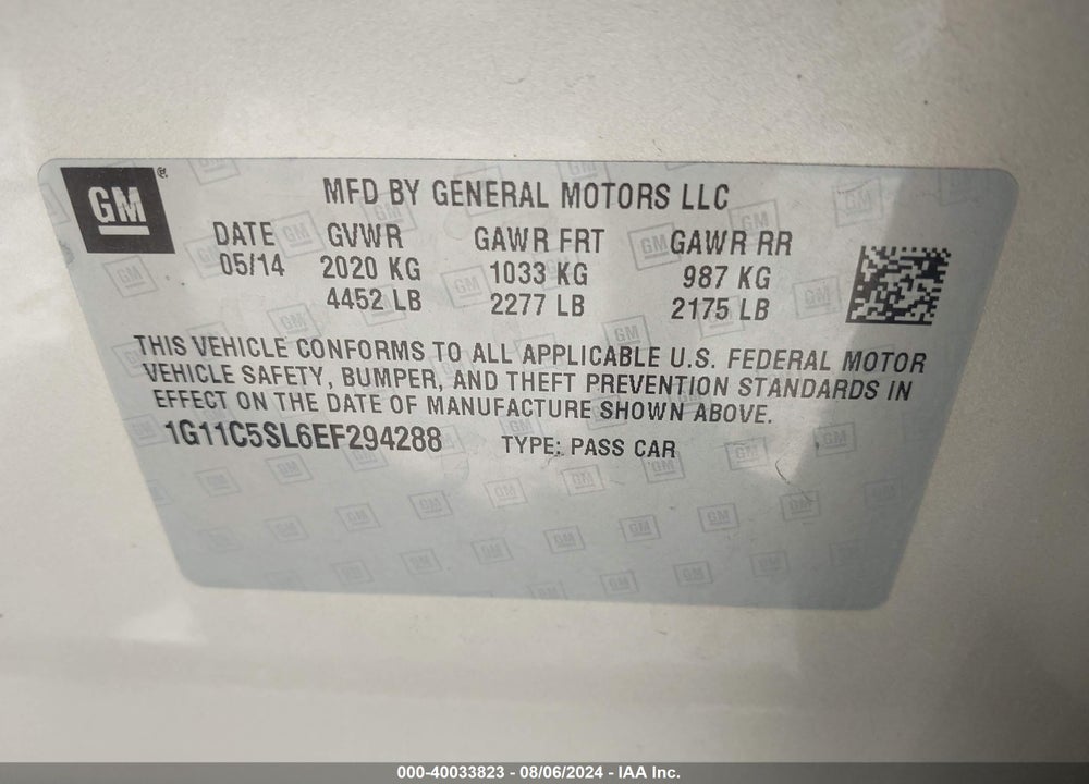 2014 CHEVROLET MALIBU VIN: 1G11C5SL6EF294288