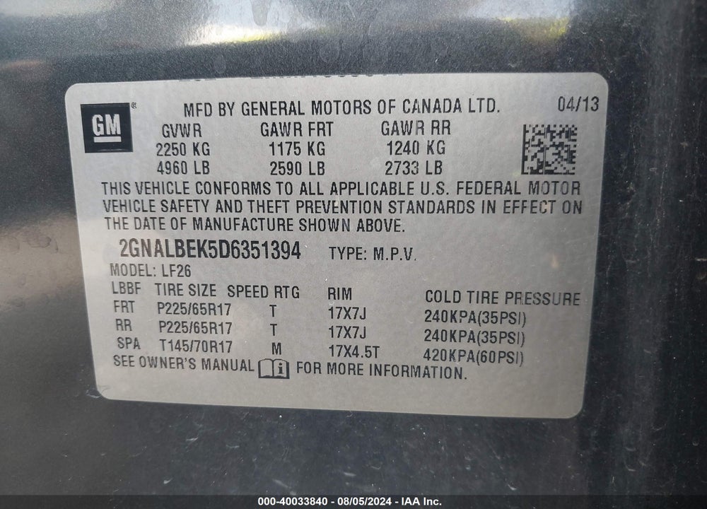 2013 CHEVROLET EQUINOX LS VIN: 2GNALBEK5D6351394