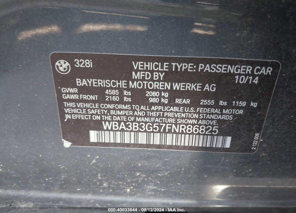 2015 BMW 328I XDRIVE VIN: WBA3B3G57FNR86825
