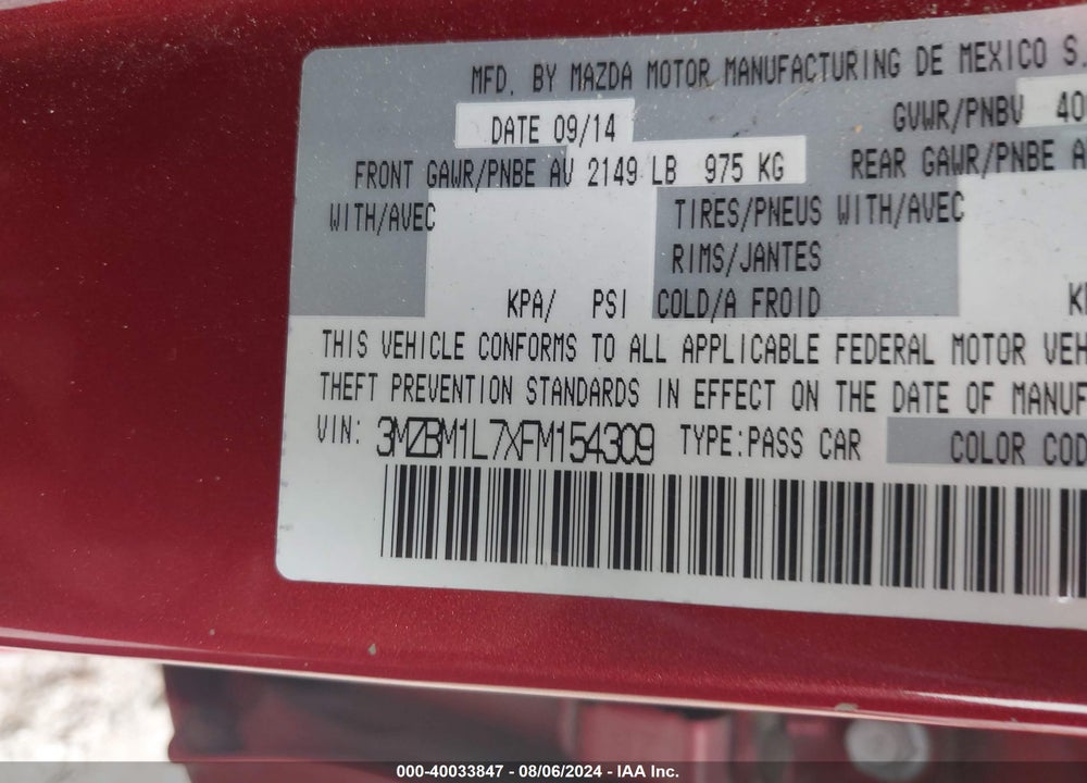 2015 MAZDA 3 I TOURING VIN: 3MZBM1L7XFM154309