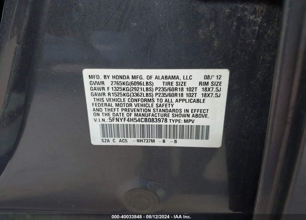 2012 HONDA PILOT EX-L VIN: 5FNYF4H54CB083978