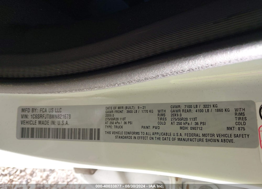 2021 RAM 1500 LAIE  4X4 5'7 BOX VIN: 1C6SRFJT8MN821678