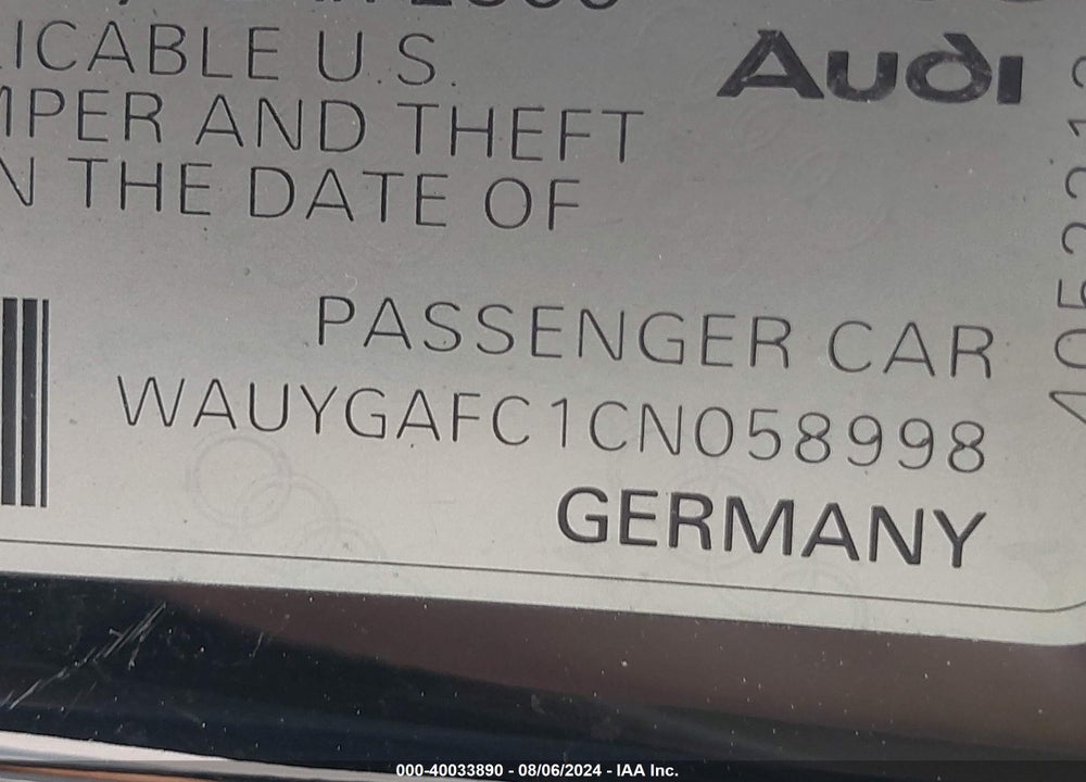 2012 AUDI A7 PREMIUM VIN: WAUYGAFC1CN058998