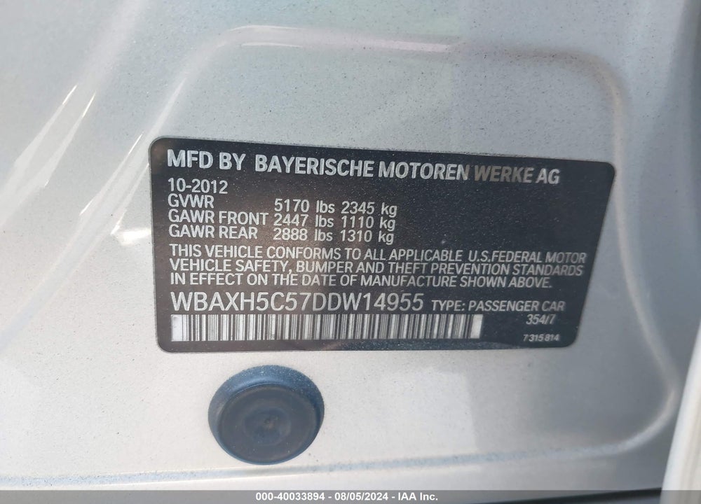 2013 BMW 528I XDRIVE VIN: WBAXH5C57DDW14955