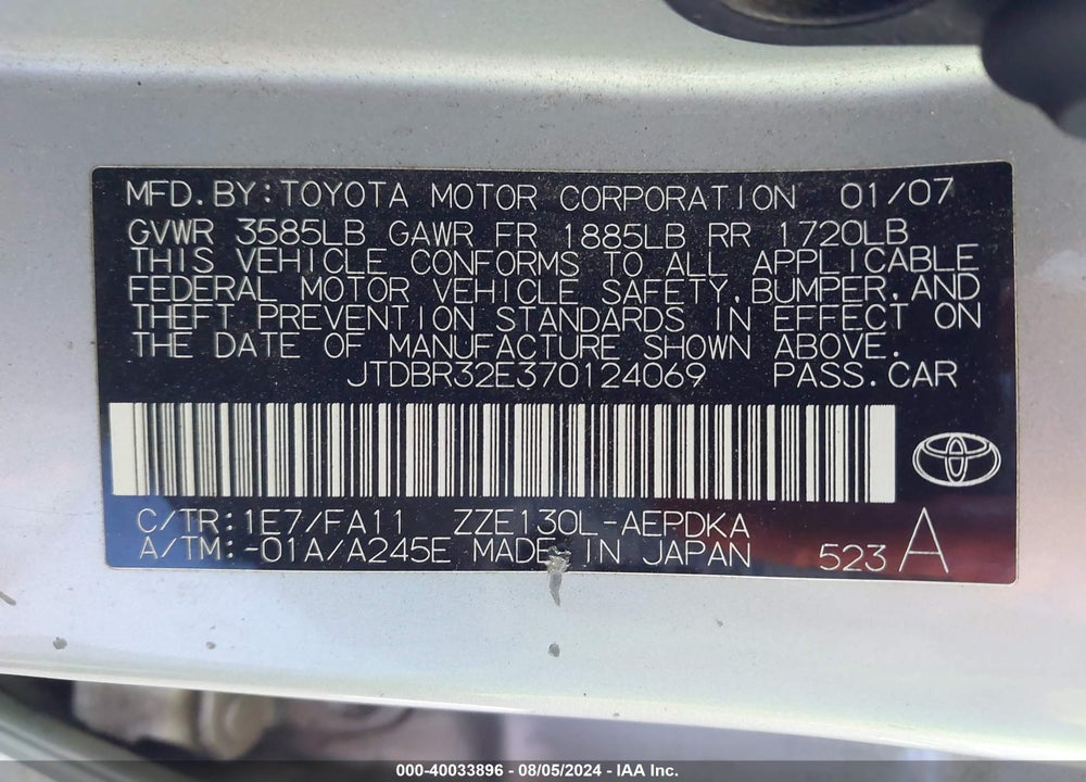 2007 TOYOTA COROLLA CE VIN: JTDBR32E370124069