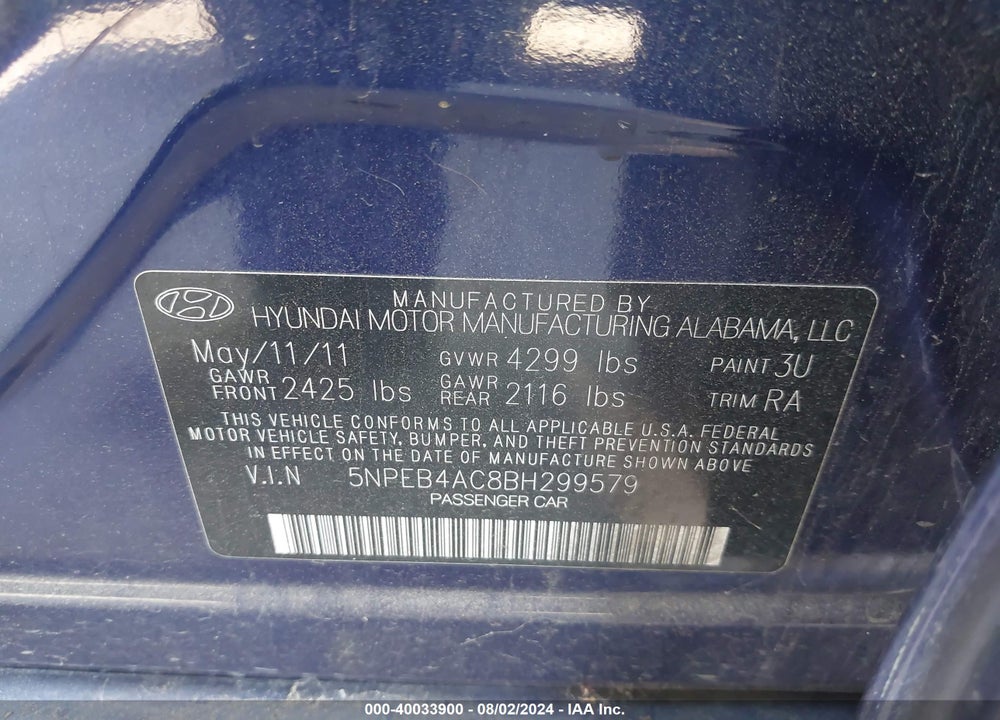 2011 HYUNDAI SONATA GLS VIN: 5NPEB4AC8BH299579