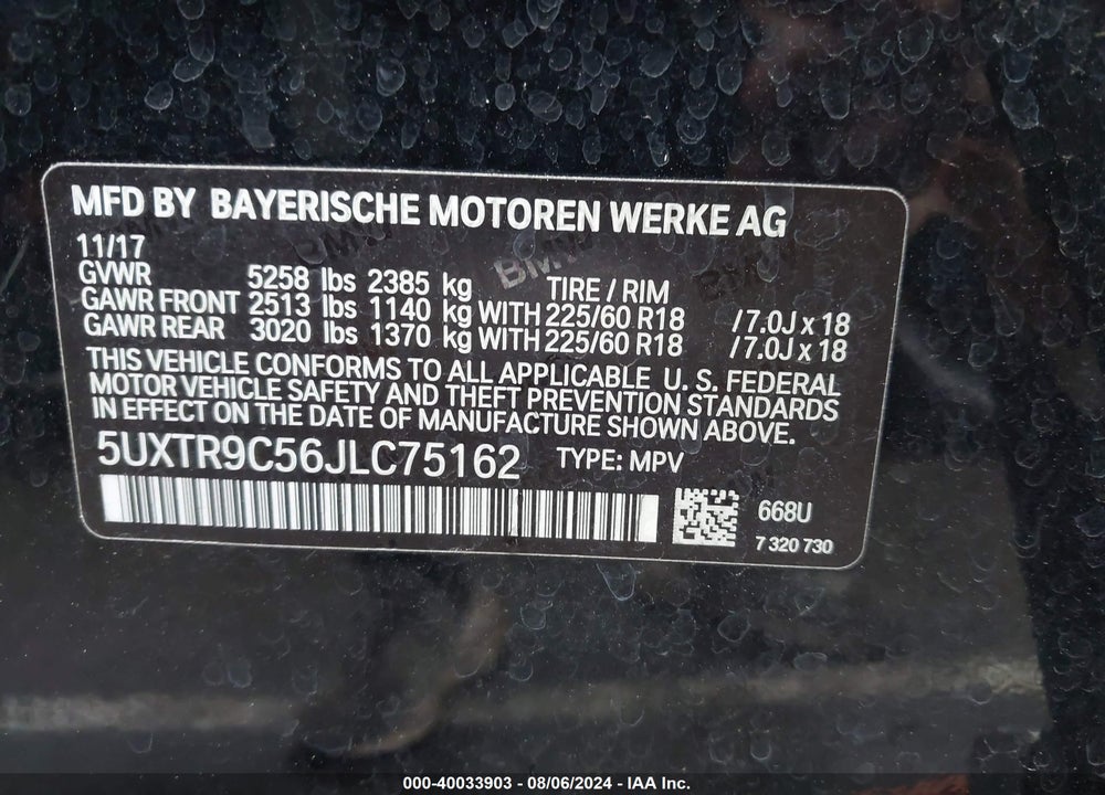 2018 BMW X3 XDRIVE30I VIN: 5UXTR9C56JLC75162