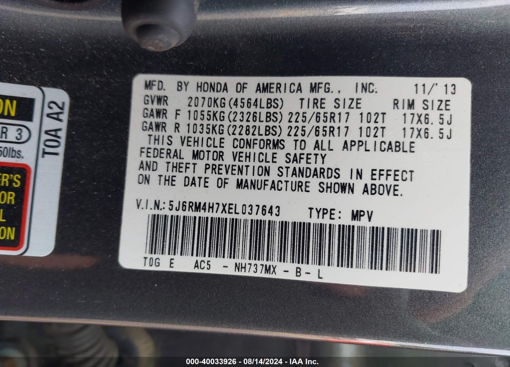2014 HONDA CR-V EX-L VIN: 5J6RM4H7XEL037643