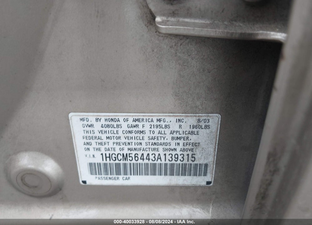 2003 HONDA ACCORD VIN: 1HGCM56443A139315