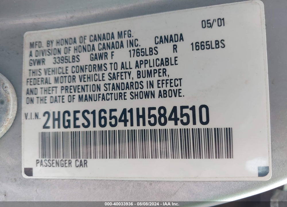 2001 HONDA CIVIC LX VIN: 2HGES16541H584510