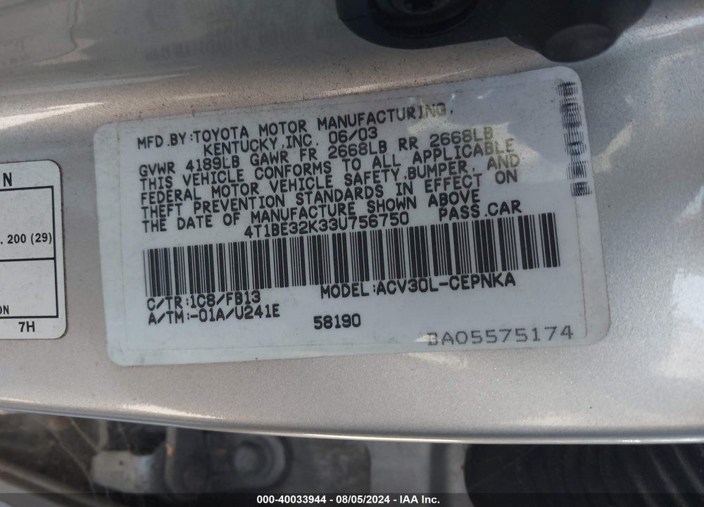 2003 TOYOTA CAMRY LE VIN: 4T1BE32K33U756750