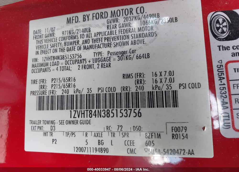 2008 FORD MUSTANG V6 DELUXE/V6 PREMIUM VIN: 1ZVHT84N385153756