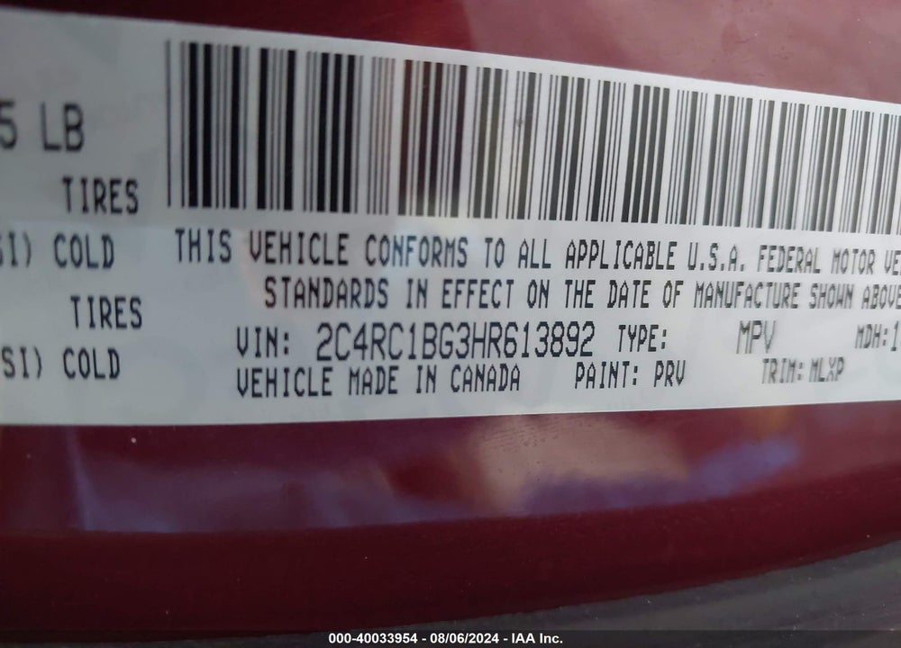 2017 CHRYSLER PACIFICA TOURING L VIN: 2C4RC1BG3HR613892