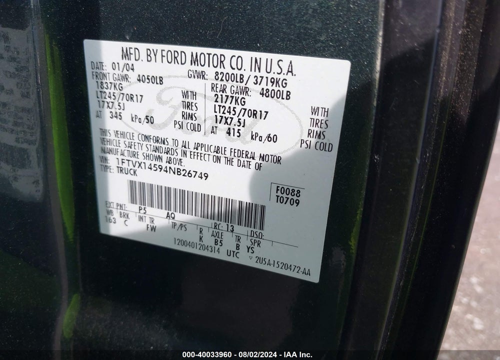 2004 FORD F-150 XL/XLT VIN: 1FTVX14594NB26749