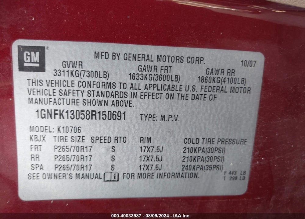 2008 CHEVROLET TAHOE LT VIN: 1GNFK13058R150691