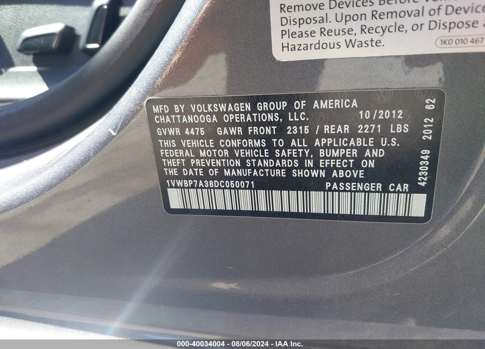 2013 VOLKSWAGEN PASSAT 2.5L SE VIN: 1VWBP7A38DC050071
