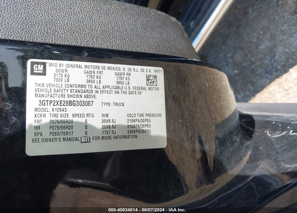 2011 GMC SIERRA 1500 DENALI VIN: 3GTP2XE28BG303067