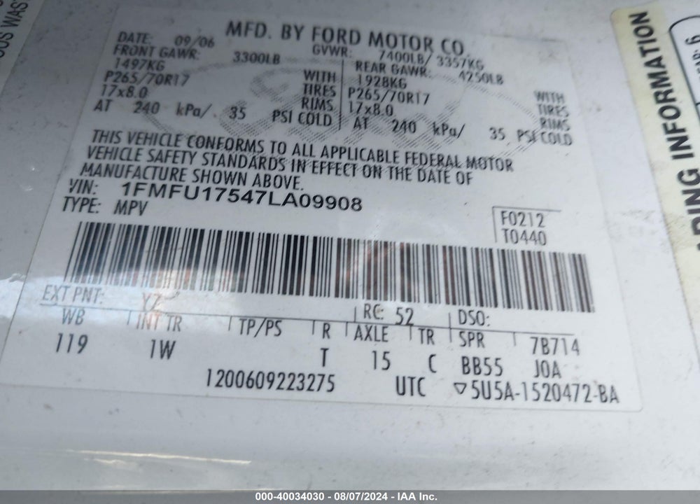 2007 FORD EXPEDITION EDDIE BAUER VIN: 1FMFU17547LA09908