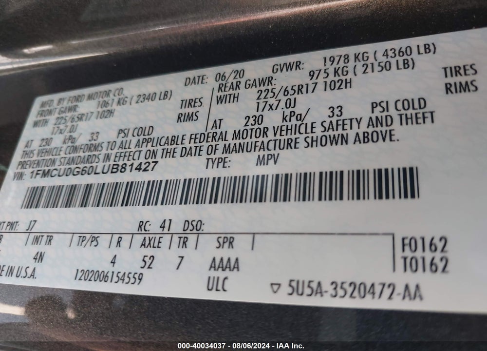 2020 FORD ESCAPE SE VIN: 1FMCU0G60LUB81427