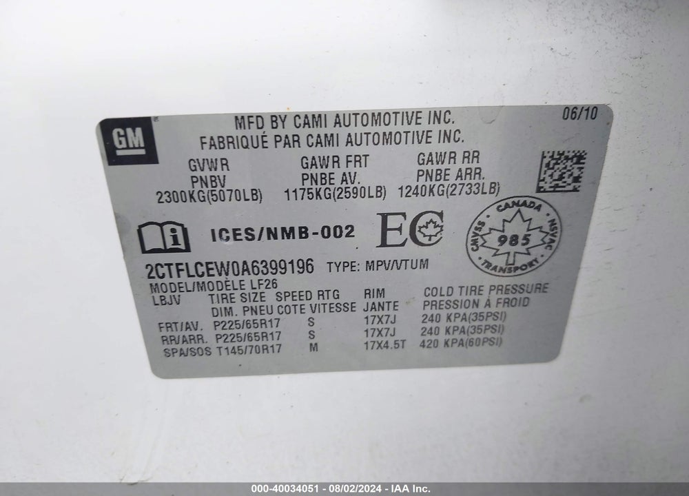 2010 GMC TERRAIN SLE-1 VIN: 2CTFLCEW0A6399196