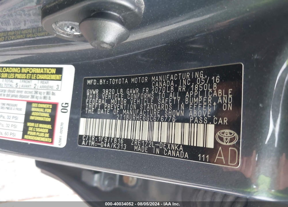 2016 TOYOTA COROLLA LE VIN: 2T1BURHE6GC676776