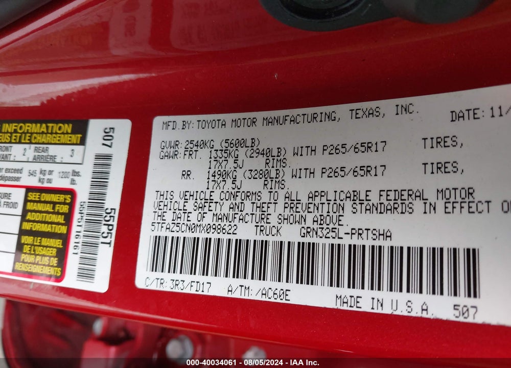 2021 TOYOTA TACOMA VIN: 5TFAZ5CN0MX098622
