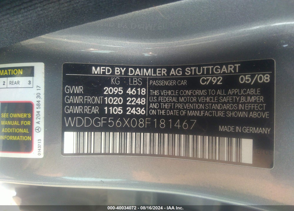 2008 MERCEDES-BENZ C 350 SPORT VIN: WDDGF56X08F181467