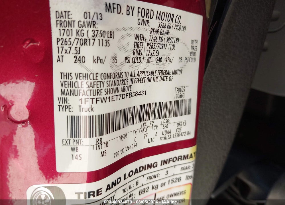 2013 FORD F-150 XLT VIN: 1FTFW1ET7DFB38431