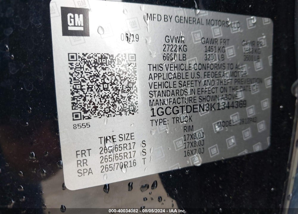 2019 CHEVROLET COLORADO Z71 VIN: 1GCGTDEN3K1344369