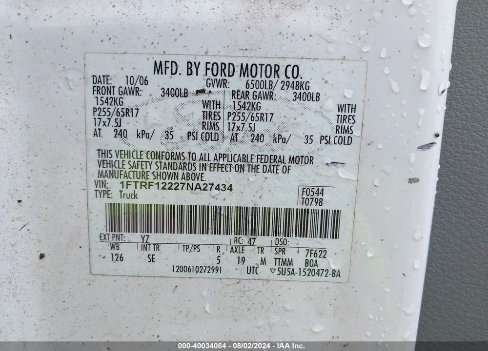 2007 FORD F-150 STX/XL/XLT VIN: 1FTRF12227NA27434