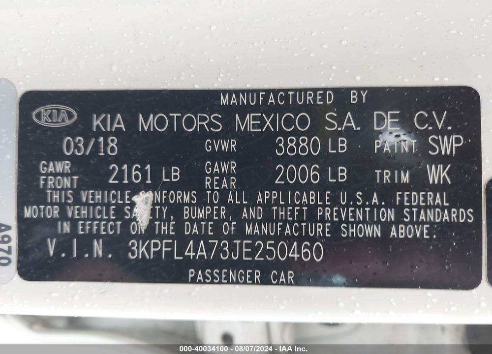 2018 KIA FORTE LX VIN: 3KPFL4A73JE250460