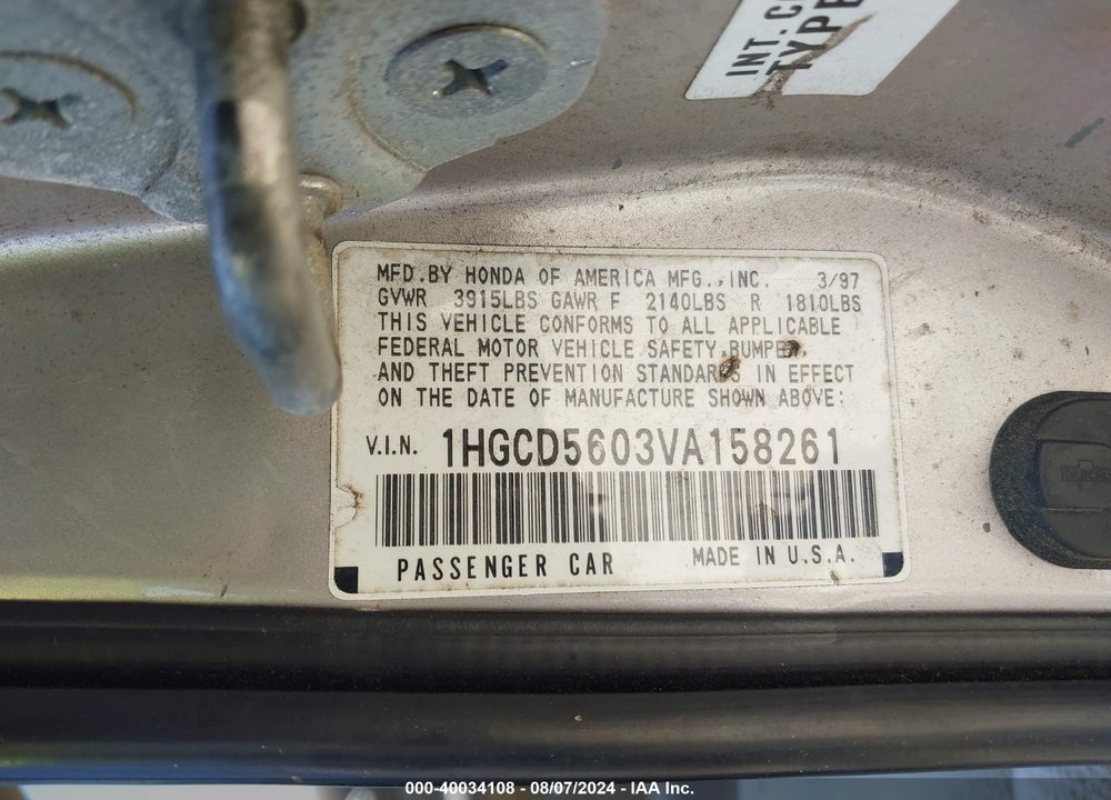 1997 HONDA ACCORD VIN: 1HGCD5603VA158261