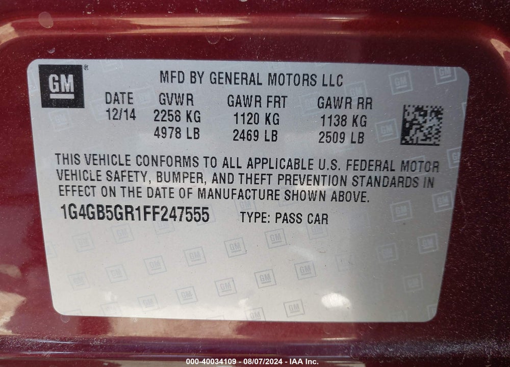 2015 BUICK LACROSSE LEATHER VIN: 1G4GB5GR1FF247555