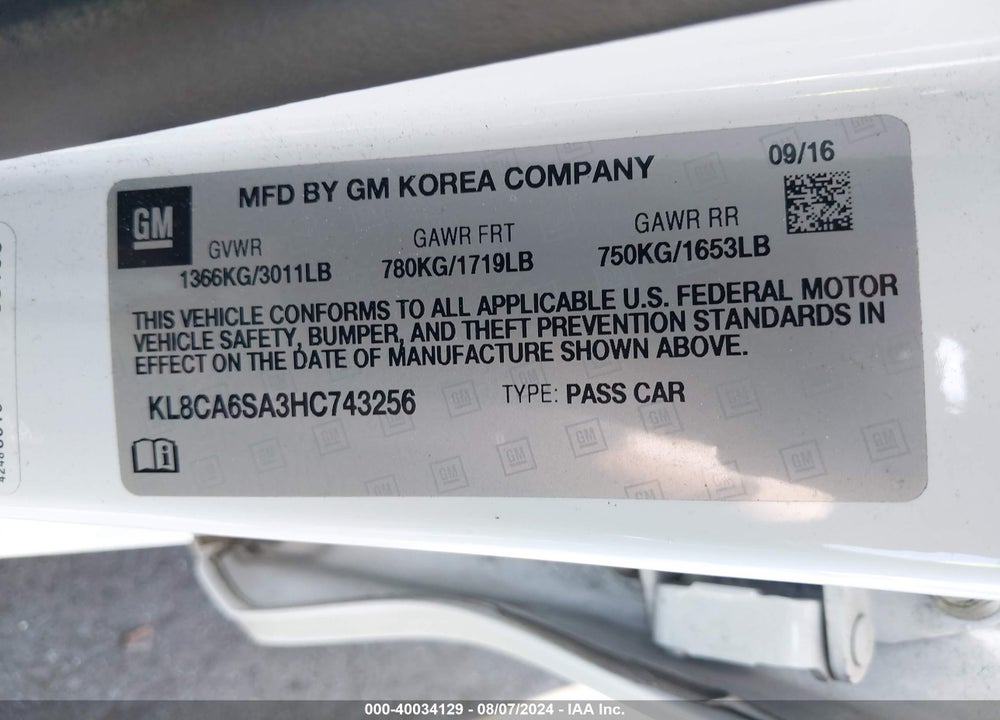 2017 CHEVROLET SPARK LS MANUAL VIN: KL8CA6SA3HC743256
