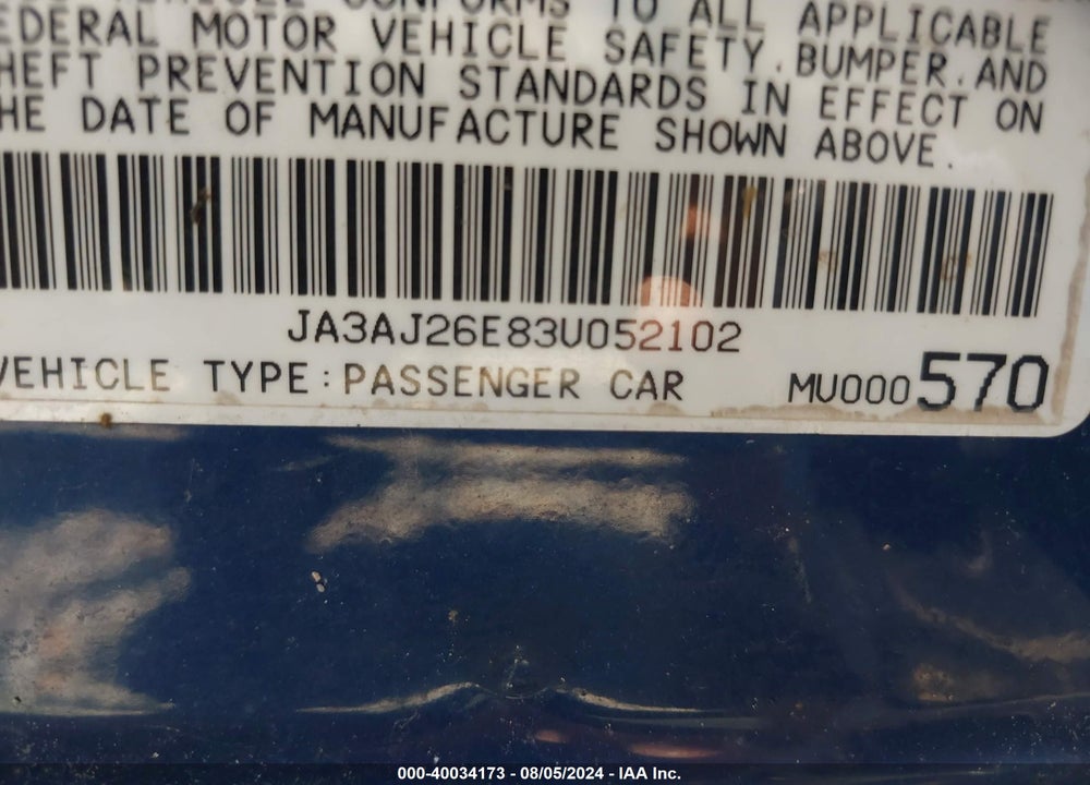 2003 MITSUBISHI LANCER VIN: JA3AJ26E83U052102
