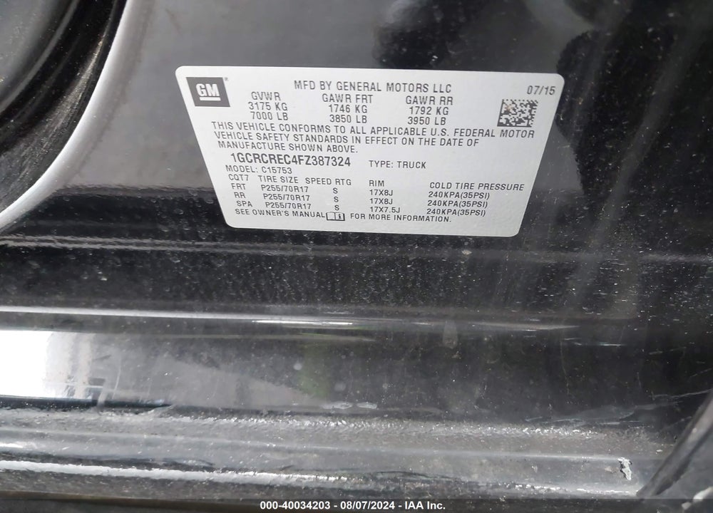 2015 CHEVROLET SILVERADO 1500 VIN: 1GCRCREC4FZ387324