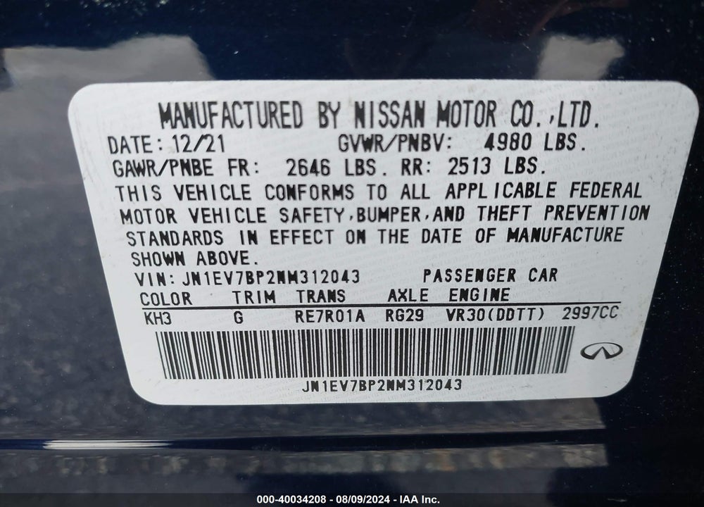 2022 INFINITI Q50 LUXE VIN: JN1EV7BP2NM312043
