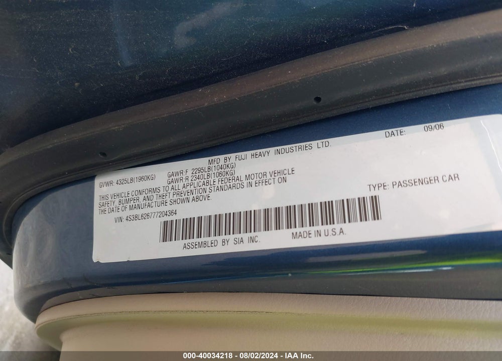 2007 SUBARU LEGACY 2.5I LIMITED VIN: 4S3BL626777204364