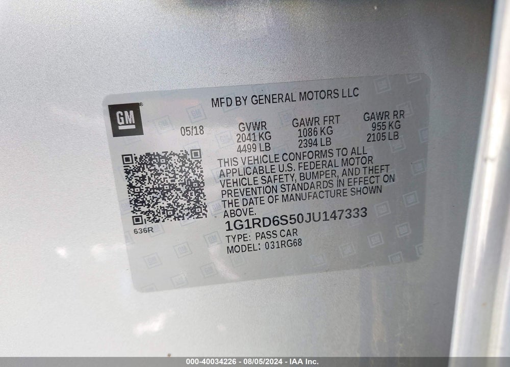 2018 CHEVROLET VOLT VIN: 1G1RD6S50JU147333