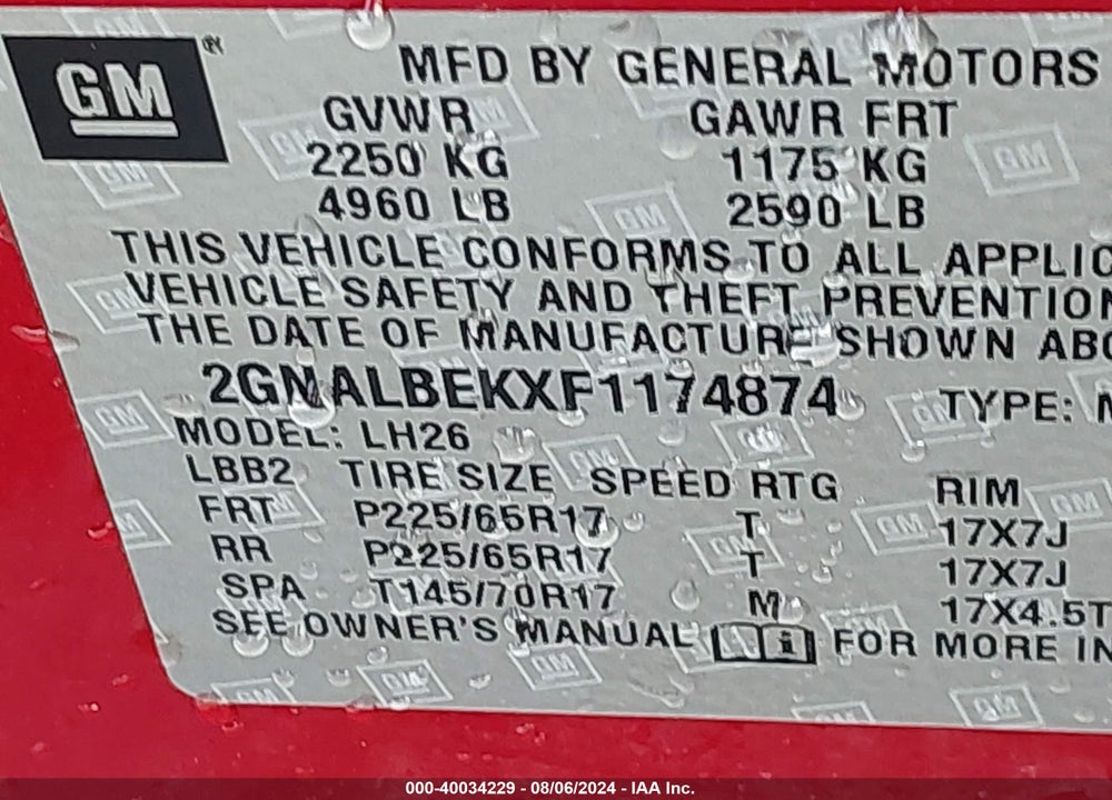 2015 CHEVROLET EQUINOX 1LT VIN: 2GNALBEKXF1174874