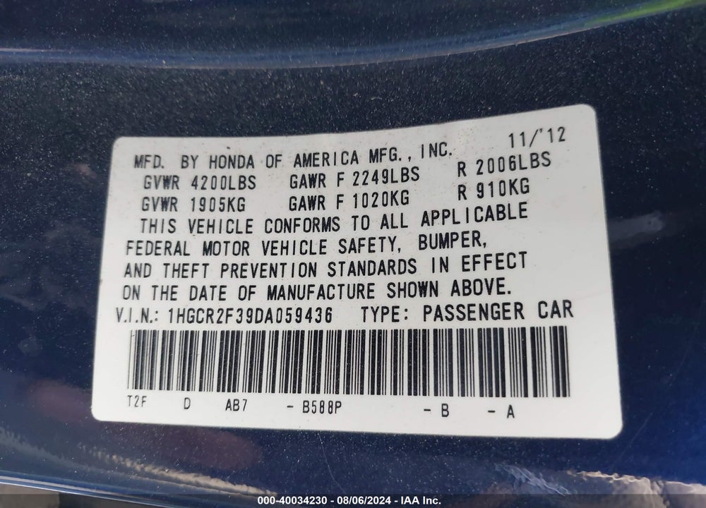 2013 HONDA ACCORD LX VIN: 1HGCR2F39DA059436
