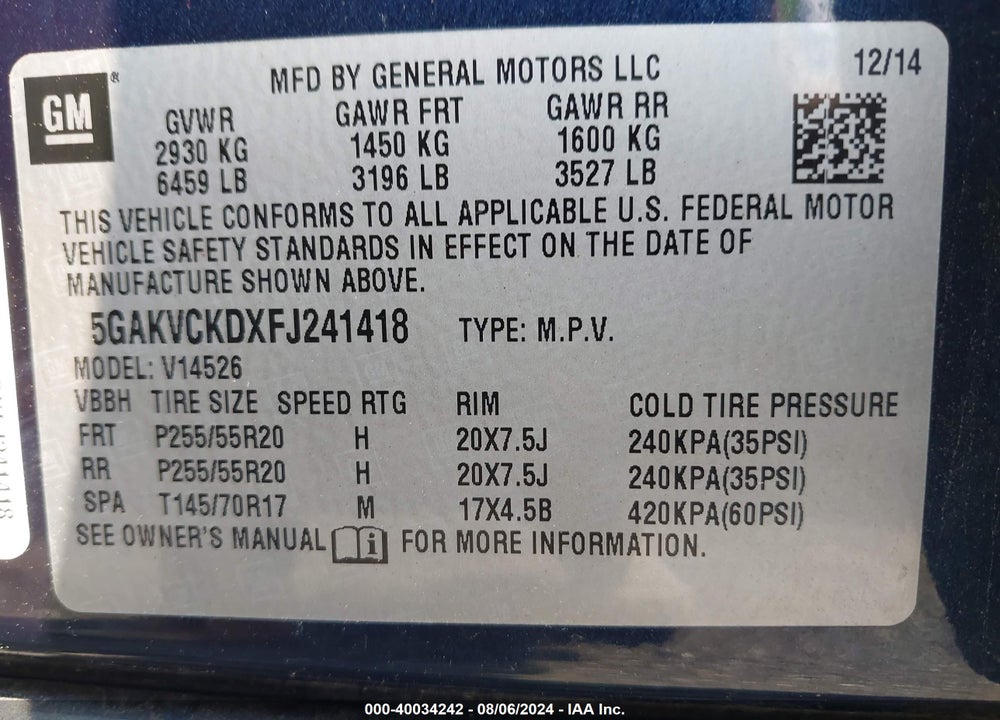 2015 BUICK ENCLAVE PREMIUM VIN: 5GAKVCKDXFJ241418