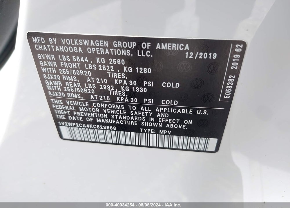 2019 VOLKSWAGEN ATLAS 2.0T SE W/TECHNOLOGY VIN: 1V2WP2CA4KC623868