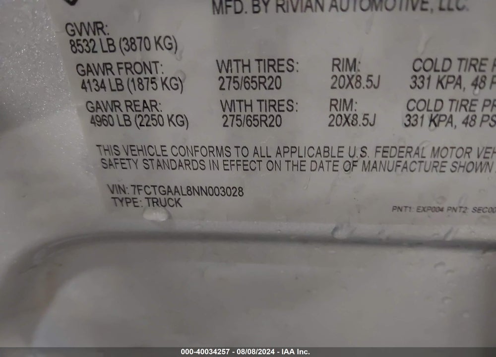 2022 RIVIAN R1T LAUNCH EDITION VIN: 7FCTGAAL8NN003028