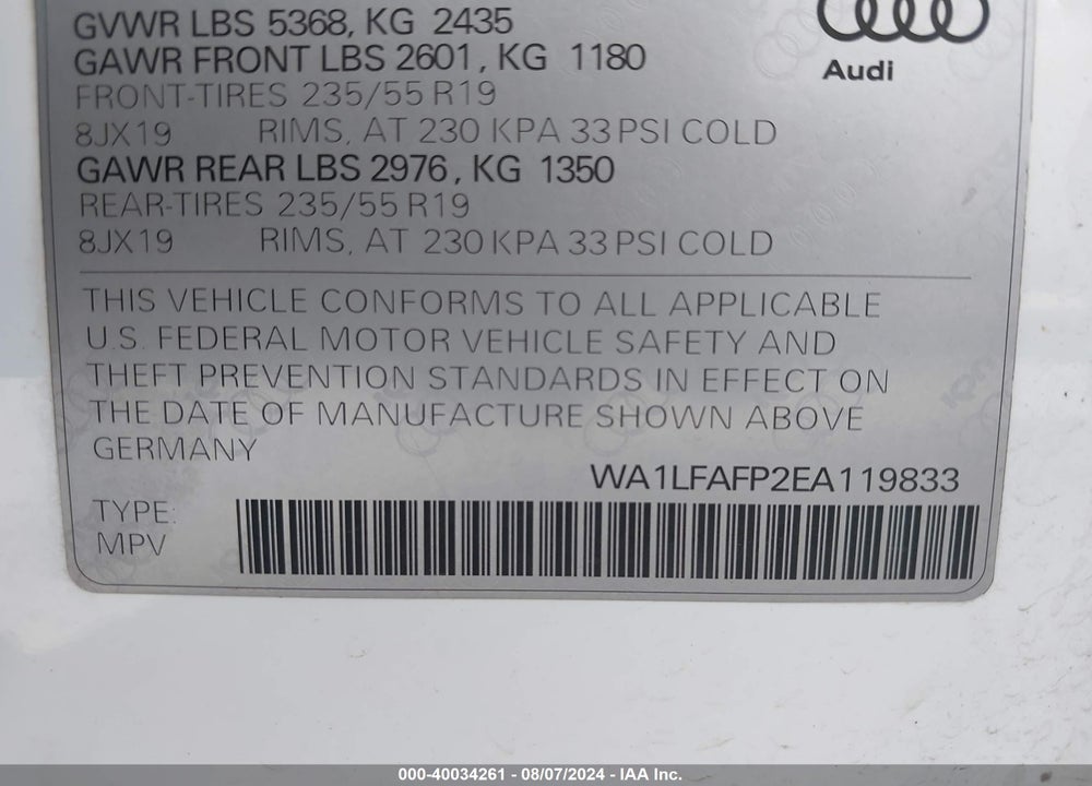 2014 AUDI Q5 2.0T PREMIUM VIN: WA1LFAFP2EA119833