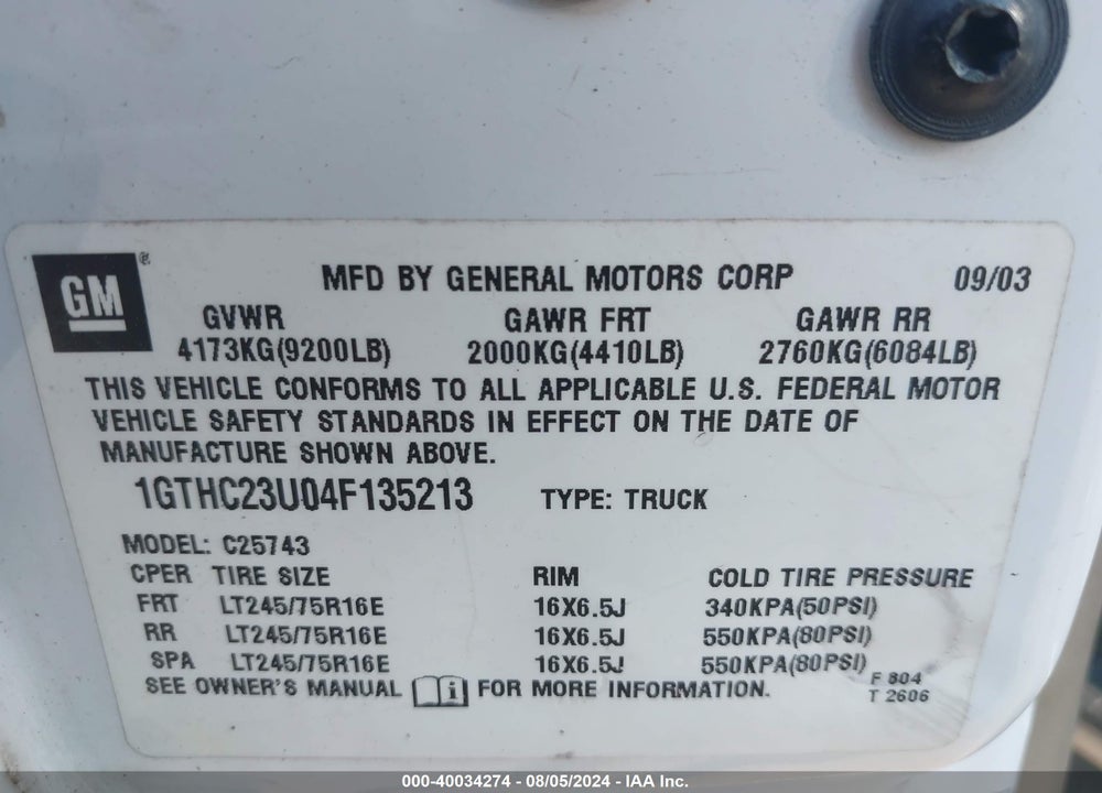 2004 GMC SIERRA 2500HD SLE VIN: 1GTHC23U04F135213